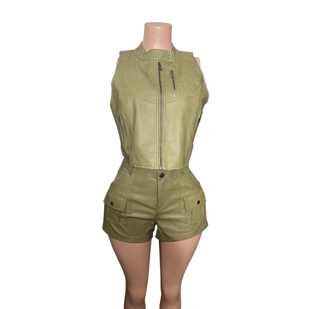 Olive Green Women's Sleeveless Zip-Up Short Set